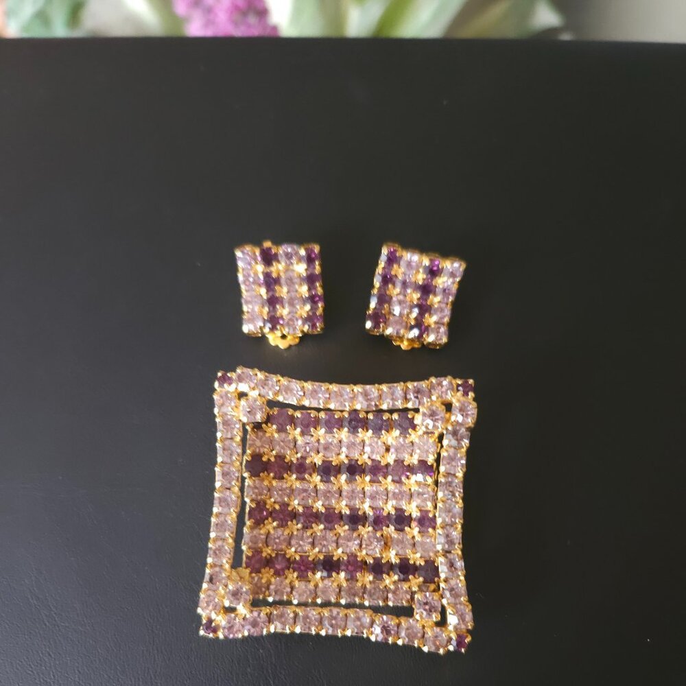 Vintage Pink and Purple Rhinestone Brooch & Earring Set